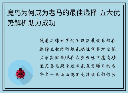 魔鸟为何成为老马的最佳选择 五大优势解析助力成功